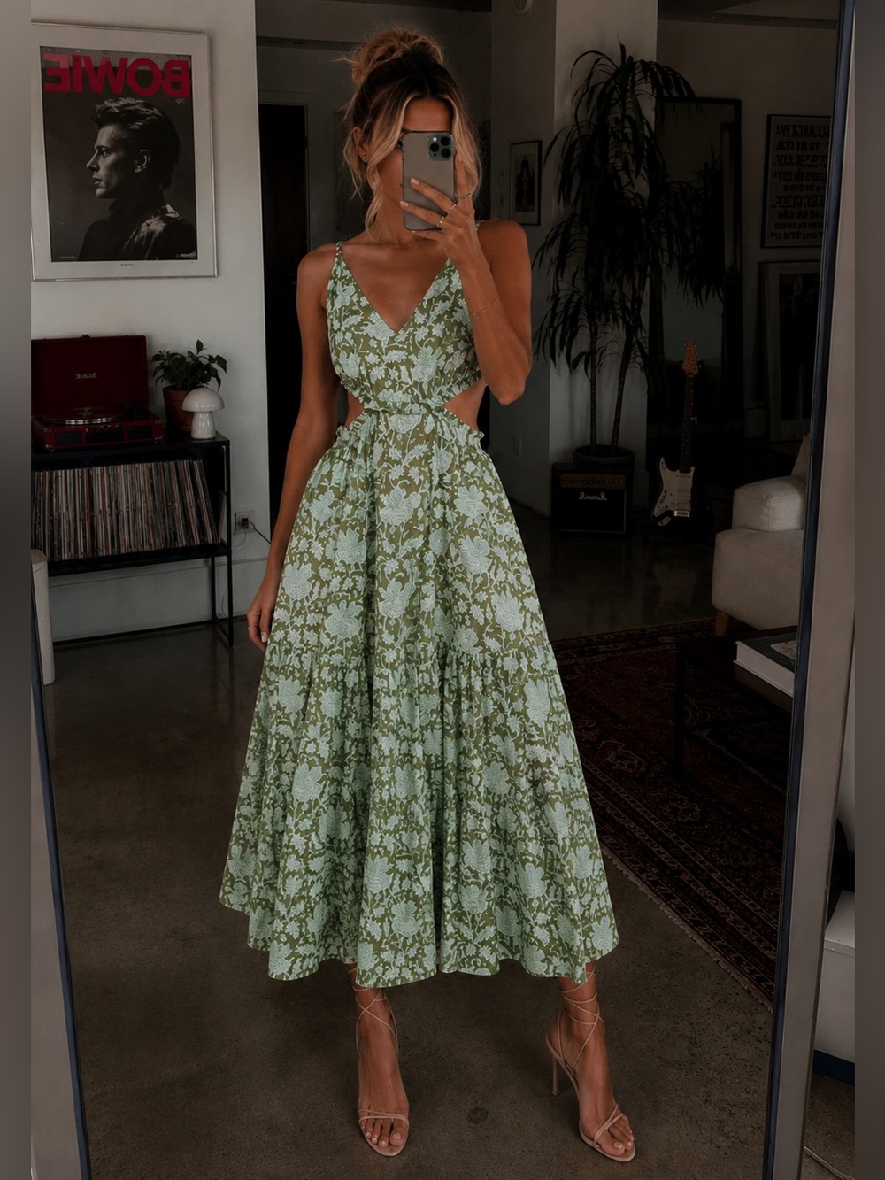 Maje Printed Cotton Cutout Midi Dress Green Floral Beaded Maxi FR 38 US 6 EUC